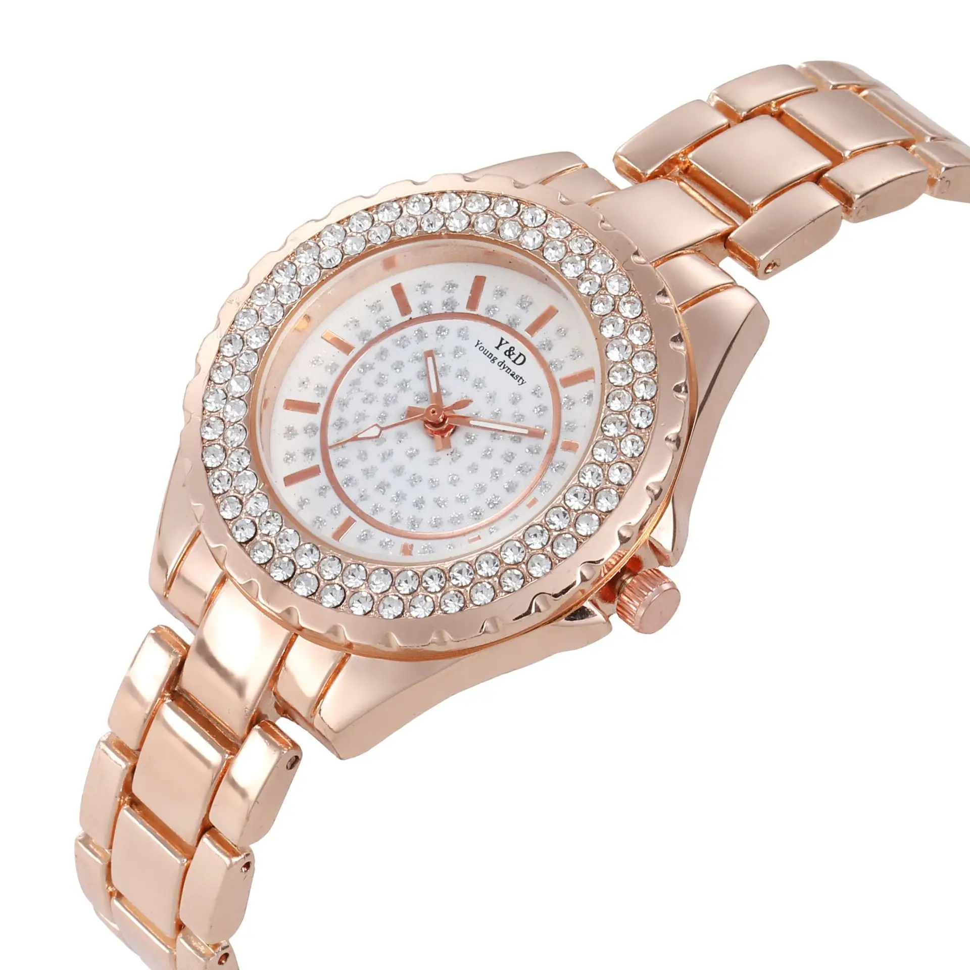 นาฬิกาควอตซ์สำหรับผู้หญิงสายนาฬิกาโลหะนาฬิกาผู้หญิงแบรนด์หรูพร้อมดาวเต็มพลอยเทียมสายนาฬิกาโลหะ