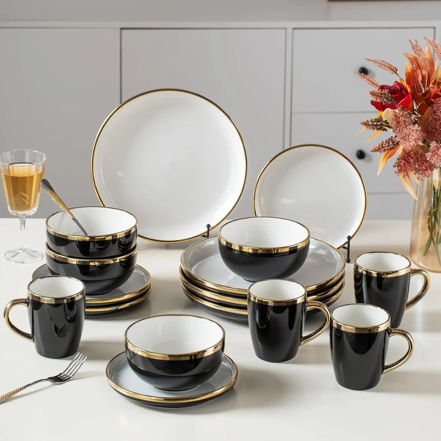 

Black Ceramic Dinnerware Sets for 4, 16-Piece Contrast Plates and Bowls Set with Gold Rim, Crack Resistant | Dishwasher & Freeze