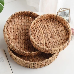 Decorative Round Basket Tray Natural Woven Fruit Vegetable Storage Tray with Handle Grass Weaving Storage Baskets Serving Trays