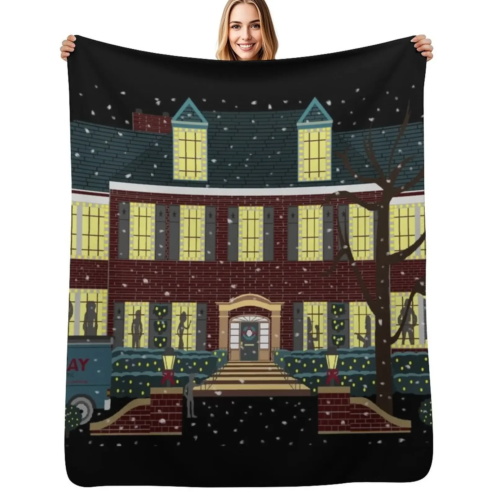 

home alone house at night shadows dancing in the window (snow version) Throw Blanket halloween Cute Plaid Stuffeds Polar Blanket