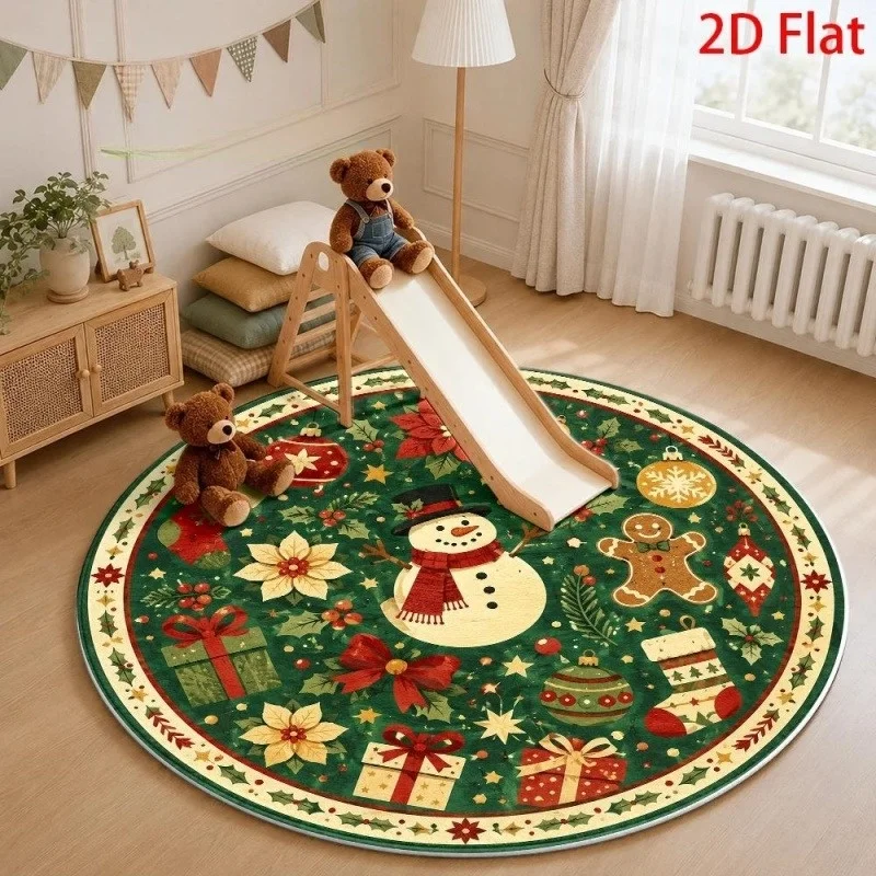 Simple Christmas Element Round Area Rug, Tree Stocking Gift Printed Floor Mat, Holiday Bedroom Decor Carpet