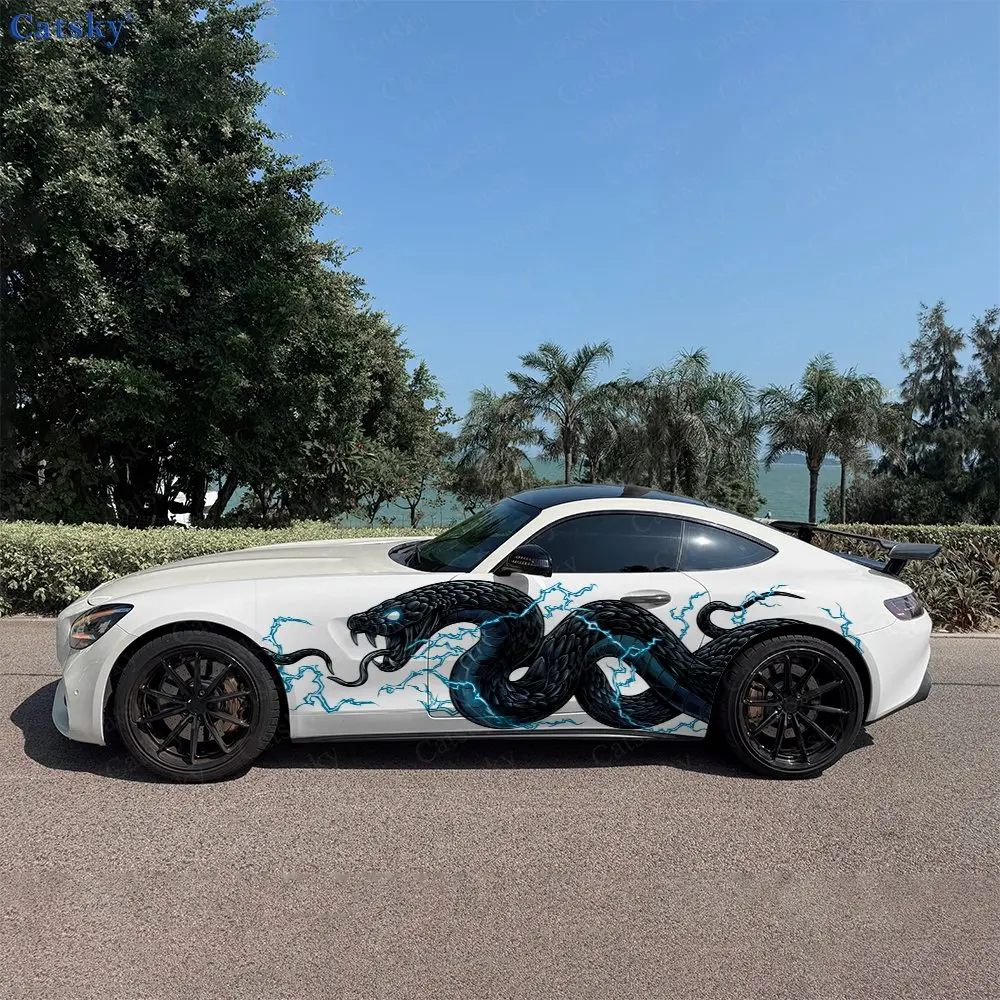 2pcs Blue Lightning Black Python Car Side Wraps, Self-Adhesive PVC Waterproof & Scratch-Resistant Stickers, Car Accessory Gift