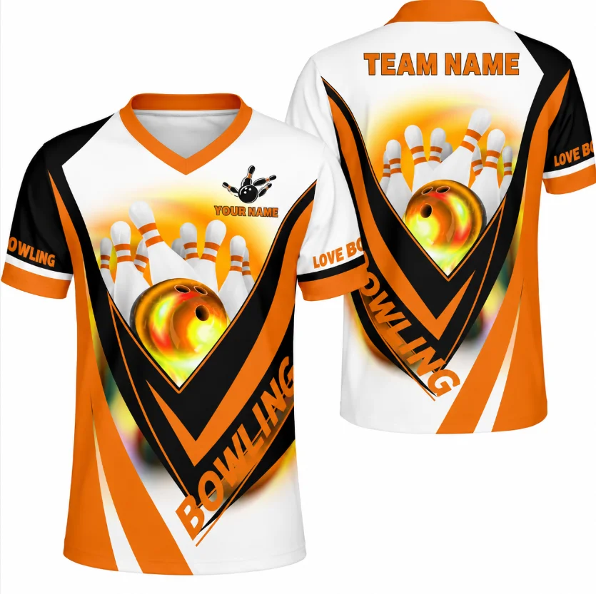 Unisex Bowling Jersey V Neck 3D Print Short Sleeve Sports Shirt Orange White Bowling League Team Tee for Men Women Streetwear