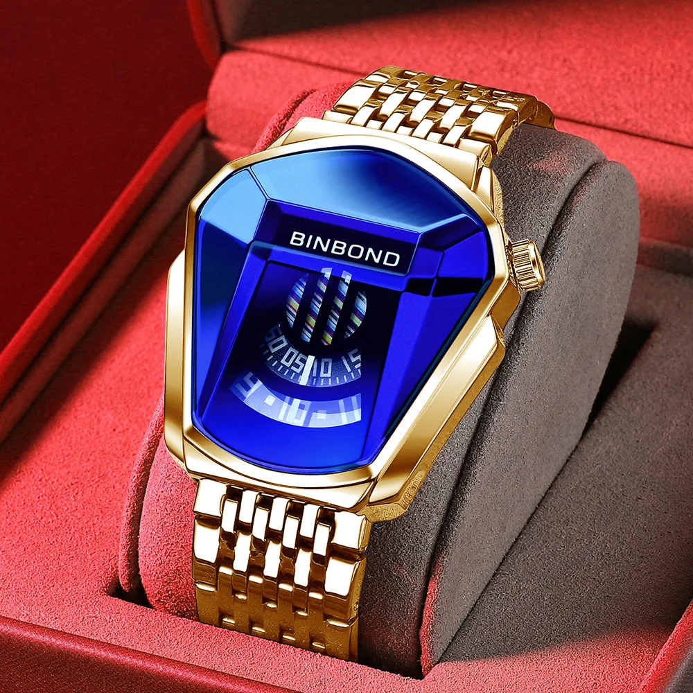 BINBOND 01 Men Popular Fashion Motorcycle Concept Quartz Watch Luminous Steel Band Mesh Watch Touch Screen technology watch