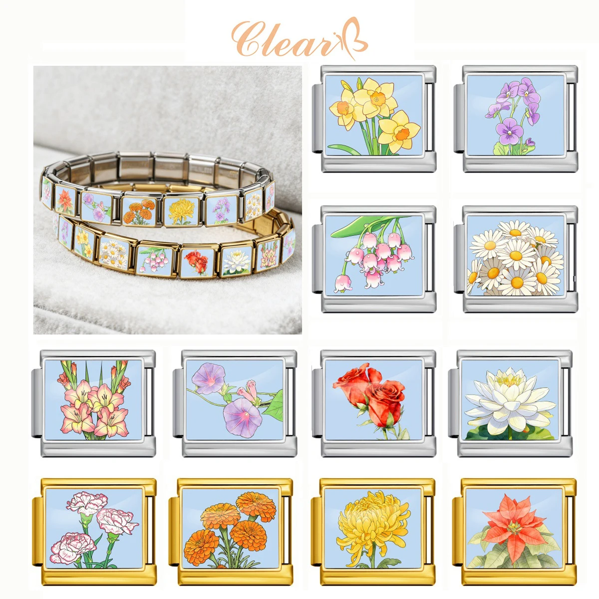 Women Colorful Month Flower Italian Charm Links Fit 9mm Stainless Steel Bracelet Wholesale Fashion Birthday Jewelry