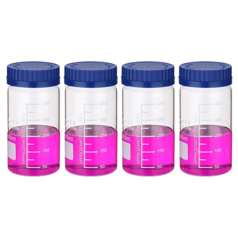 

4 Pack Reagent Media Storage Bottles, Borosilicate Glass Wide Mouth Graduated Round Bottles With GL32 Screw Cap