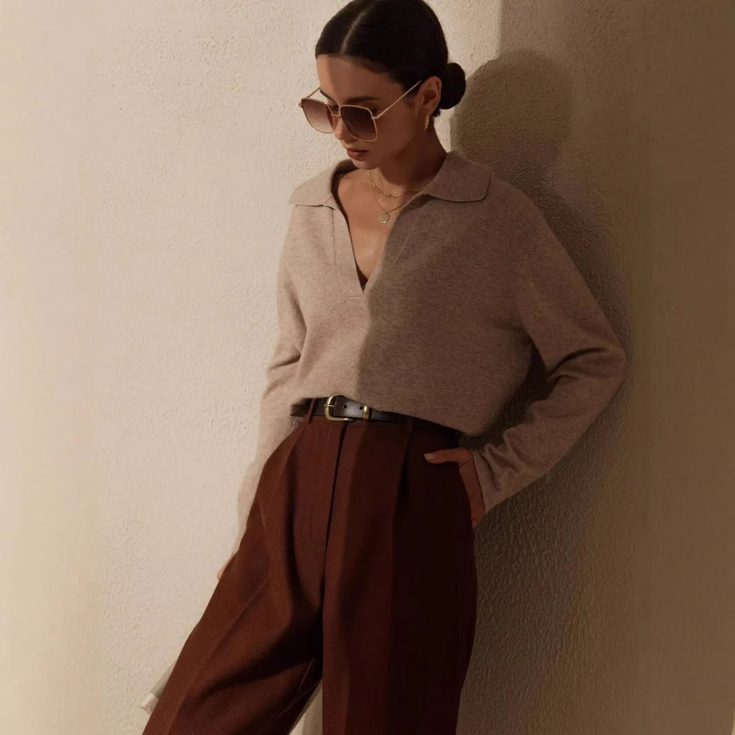 

Solid color lapel sweater European and American autumn and winter temperament elegant long sleeve retro loose warm polo sweater