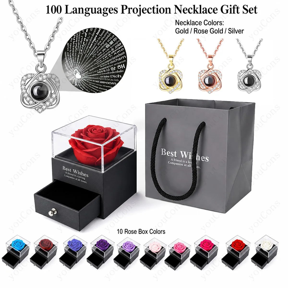 100 Languages I Love You Projection Necklace Double Heart Pendant With Multi Color Rose Gift Box Valentine's For Women Jewelry