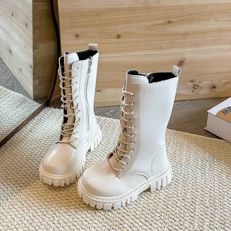 

Children's Leather Boots 2025 Autumn Winter Girls Long Boots Thick Bottom Classic Black Beige Causal Kids Fashion Mid-calf Boots