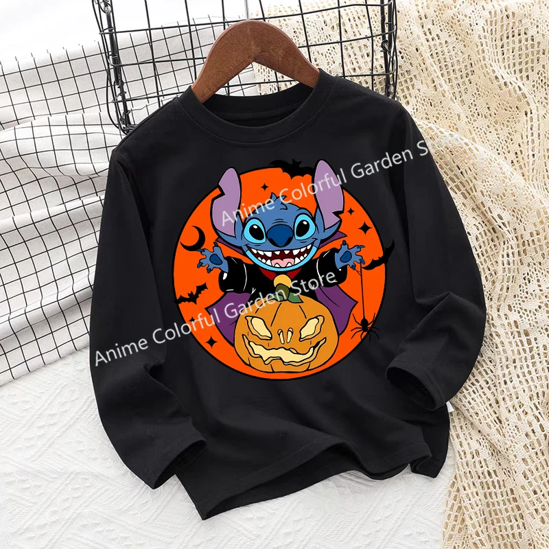 Halloween Disney Stitch Long Sleeved T-shirt for Children Anime Cartoon Funny Tops Festival Cosplay Kawaii Clothing Kids Clothes