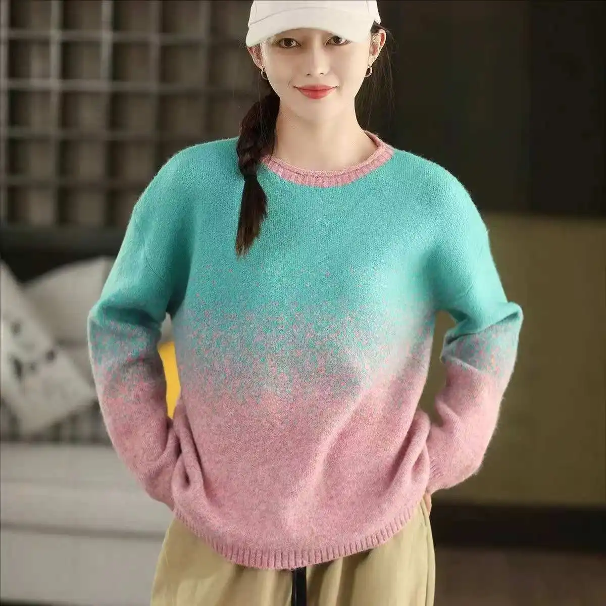 Otoño Invierno moda mujer suéter de punto degradado literario manga larga cálido acogedor y elegante prendas de punto Vintage Mujer