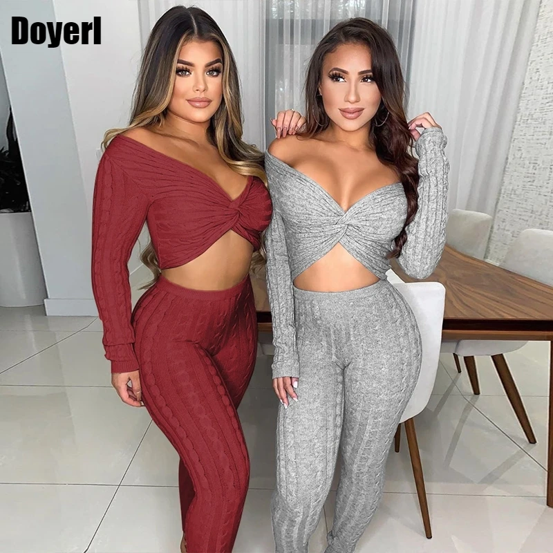 

Sexy Two Piece Pants Set Women Winter Outfit Knit Sweater Set Off Shoulder Crop Top and Pants 2 Piece Club Outfits Matching Sets