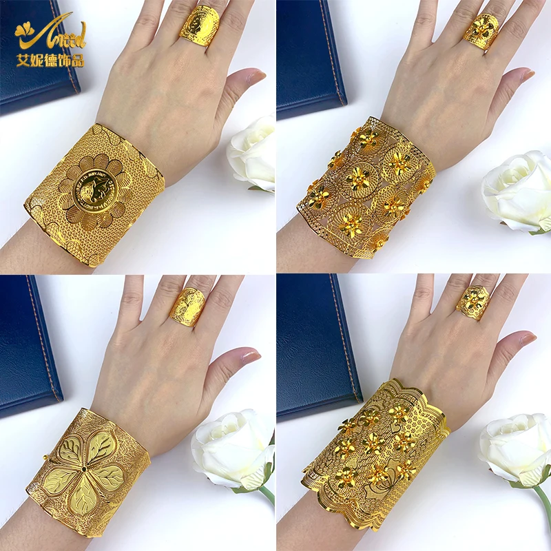 

ANIID Luxury Dubai Gold Color Bridal Cooper Bangles With rings For Ethiopia Women Indian Wedding Party Hand Jewellery Gifts 24K