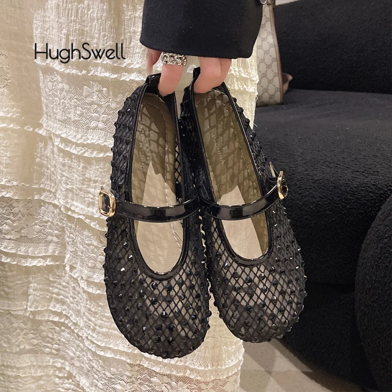 

Luxury Crystal Covered Fishnet Mary Jane Shoes Woman Elegant Brand Design Rhinestone Mesh Ballet Flats Ladies Bling Net Loafers