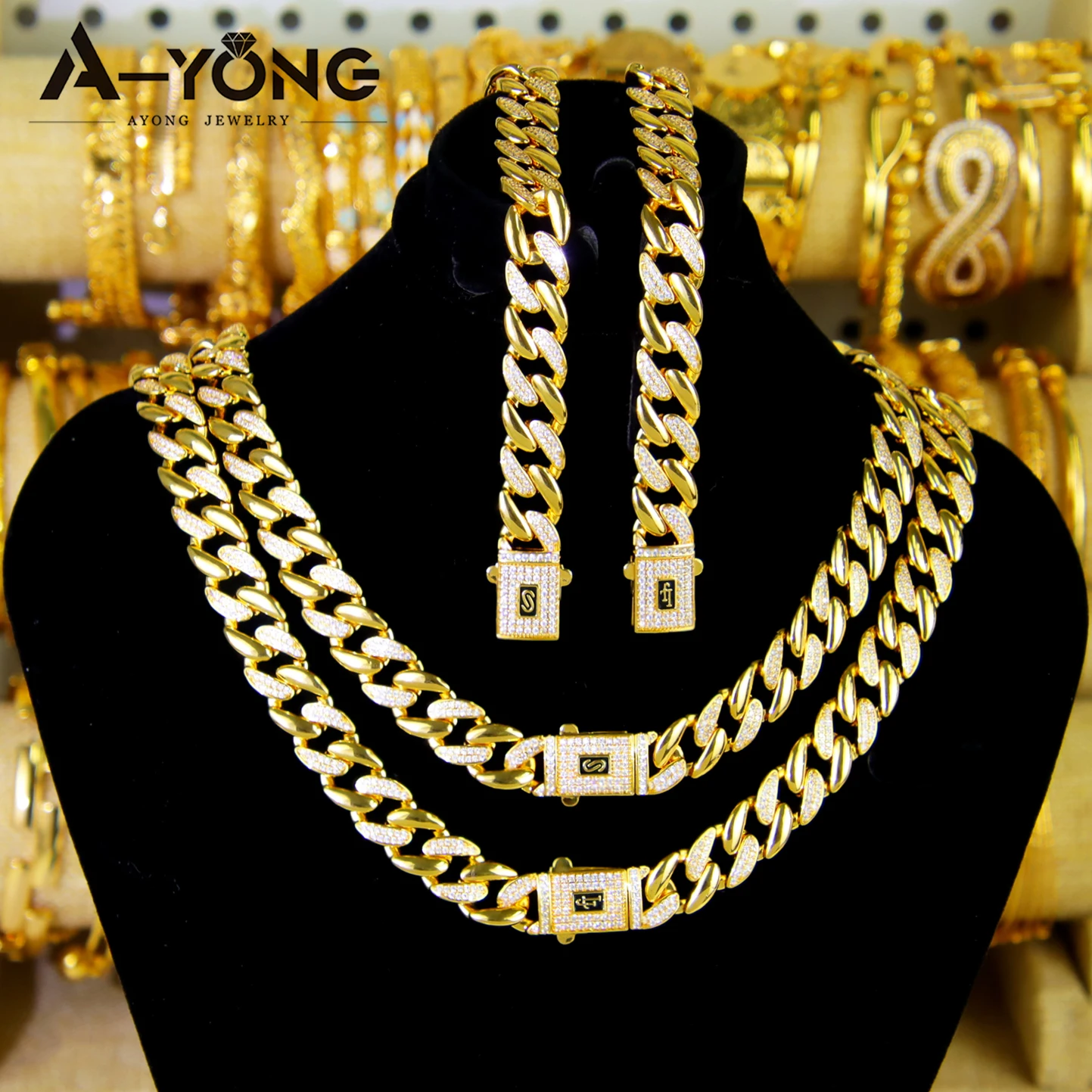 Luxuriöses Zirkonia Monaco Schmuckset 21k Vergoldet Italienischer Hip-Hop Kubanische Halskette Armband Ring Ohrringe Damen Punk Schmuck – Detail 11