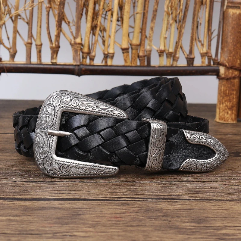 New Women's First-Layer Cowhide Woven Leather Belt, Genuine Leather Pin Buckle, Vintage Versatile Casual Belt