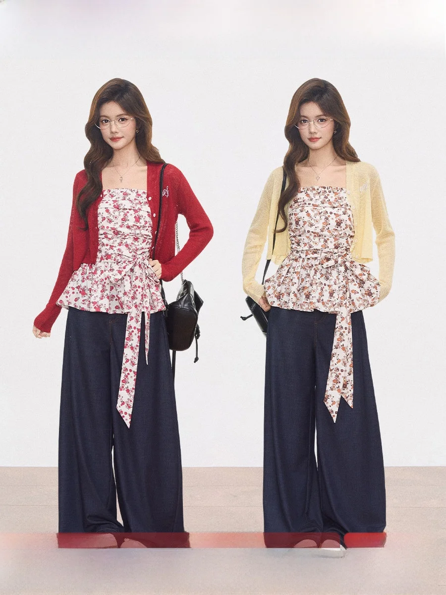 

WESTAYONE 43 New Knitted Sun Protection Cardigan Floral Halter Dress Top Denim Wide Leg Pants Women's Fashion Set