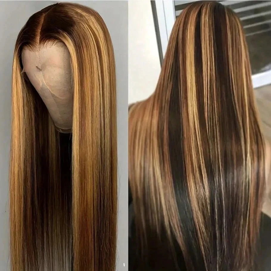 22 Inch Straight Human Hair Wig13x4 HD Lace Frontal Wig Pre Plucked 250 Density Ombre 4/27 Honey Blonde Highlight Pre-Plucked Hairline With Baby Hair Natural Hairline For Women