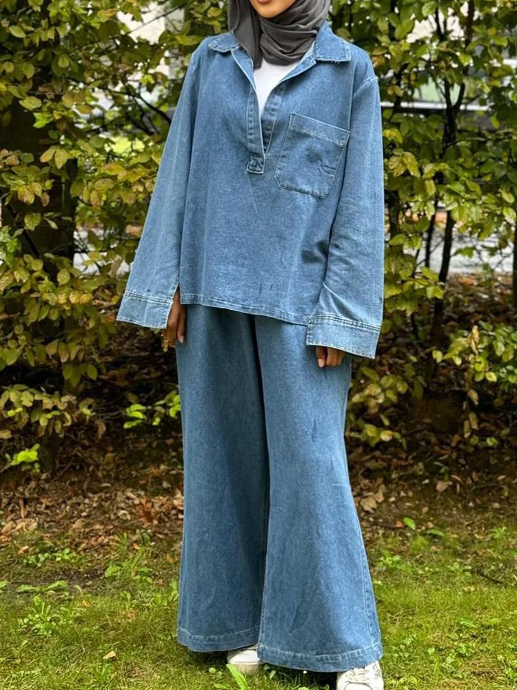 Women Autumn Loose Denim Sets Lapel Long Sleeve Shirt Top Female Drawstring High Waist Wide Leg Jeans High Street Long Pants