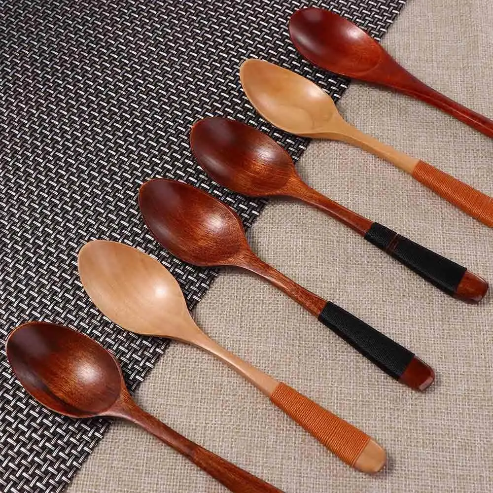 Adults Mixing Wooden Dinnerware Elegant with Tied Line Soup Spoons Cutlery Kitchen Utensil Scoop