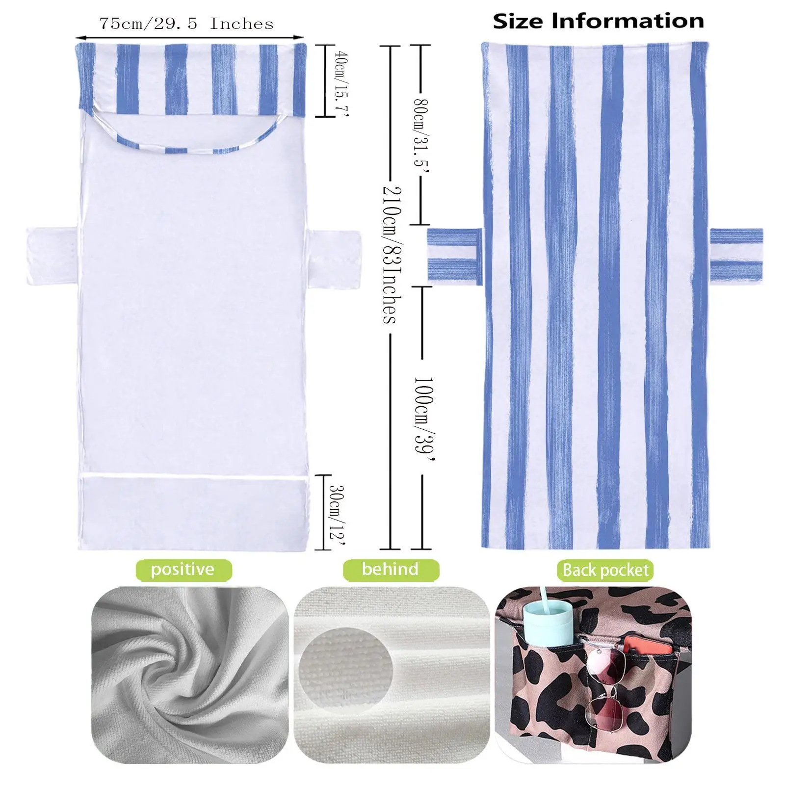 غطاء كرسي الشاطئ، منشفة استرخاء محمولة، غطاء صالة تشيس عملي مع جيوب جانبية لحمام السباحة الصيفي والحديقة المائية