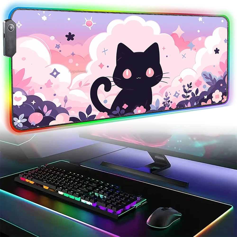 

LED Light Desk Mat Large Gaming RGB Mousepad Cute Mouse Pad Kawaii Cute Cat Nature Green Deskmat Glowing USB LED Mouse Mat