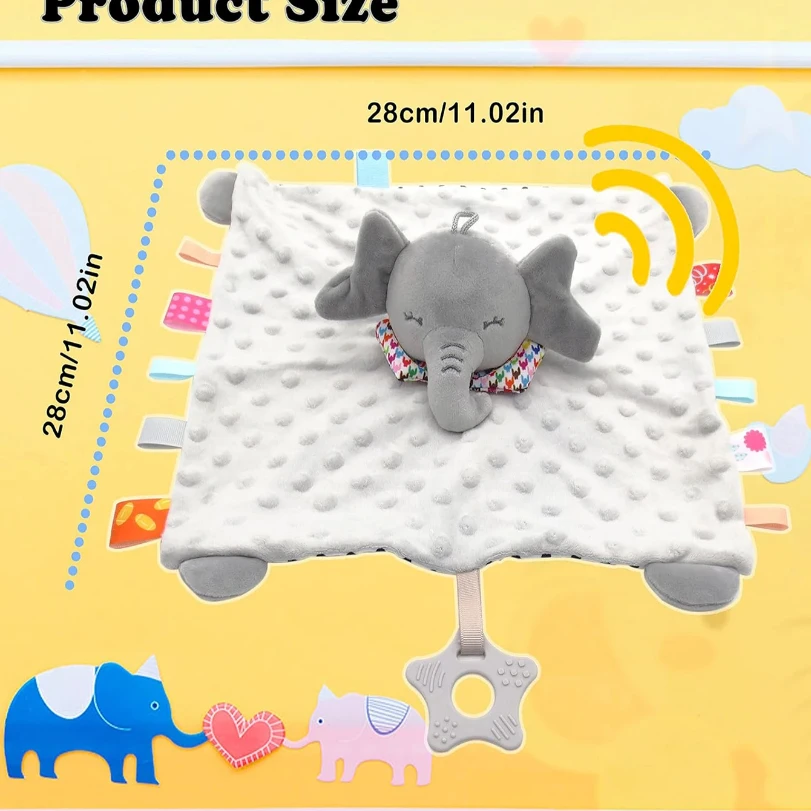Baby Security Blanket Elephant with Tags Teether Rattles Mobile Soft Blanket Snuggle Toy Stuffed Animal for Babies Newborns Gift