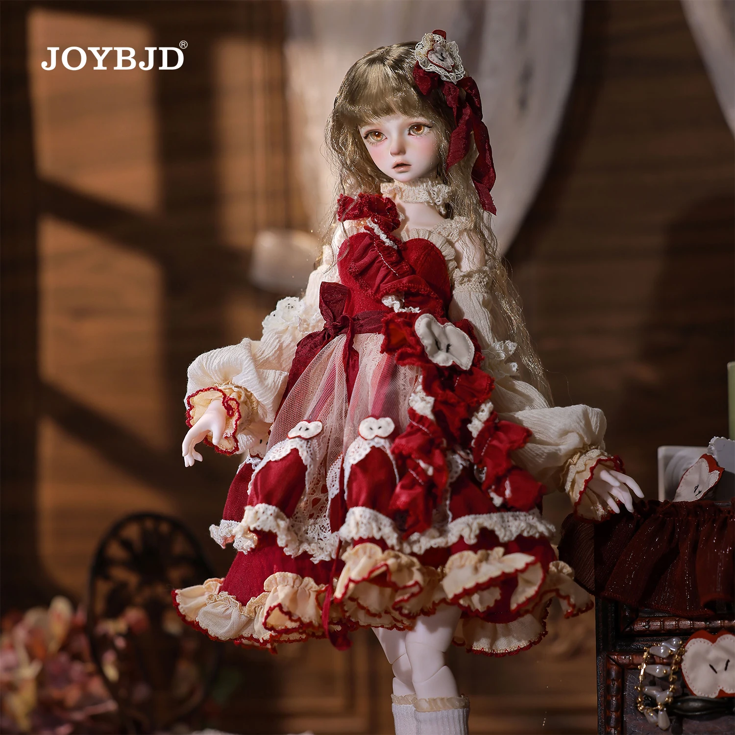 Joybjd 1/4 Isabella Fullset C BJD Doll with Muxi Body Fantasy Flower Fairy Under The Apple Tree with Red Exquisite Puff Sleeves