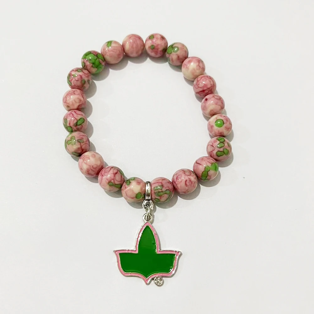 Pink Green Glass Bead Ivy Charm Elastic Bracelet