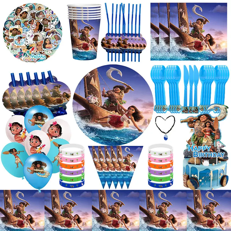 Disney Moana 2 Birthday Party Decorations Supplie Vaiana Baby Birthday Decoration Balloons Disposable Cups Plates Straw Toy Gift