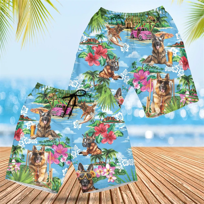 

German Shepherd Hawaii 3D Printed Short Pants For Men Clothes Casual Hawaiian Flower Beach Shorts Cute Pet Dog Trunks Dogs Tops