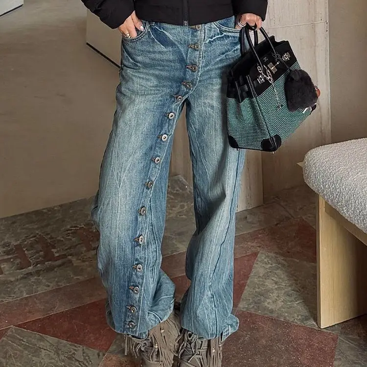 

American Spice Girl Jeans Children's Retro Washed Slant Placket Button Floor Pants