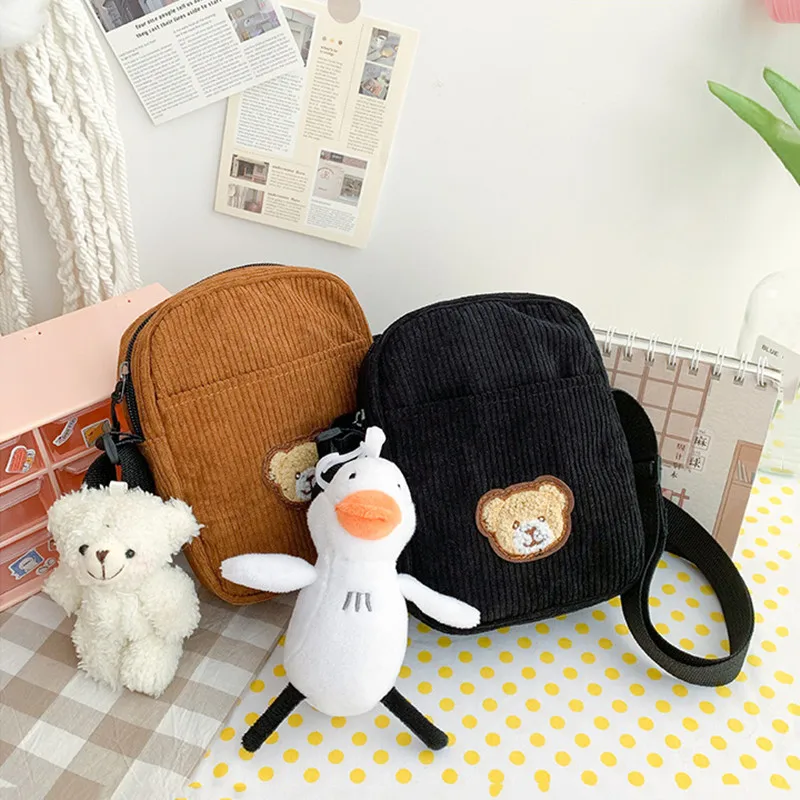 Corduroy Single Shoulder Crossbody bag is Versatile for Outdoor Travel Fashionable and Fresh And cute Little Bear for Students