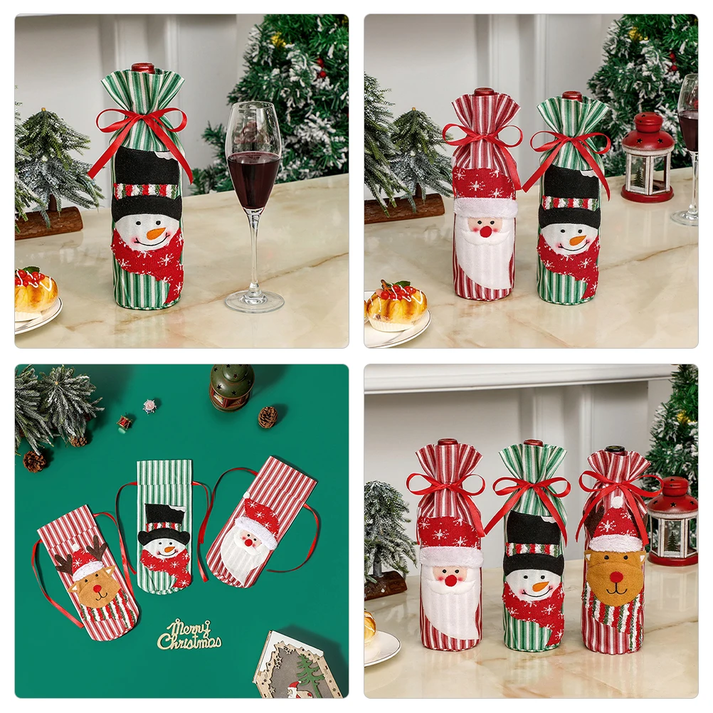 3 قطعة غطاء زجاجة سانتا رجل الثلج المحبوك قماش ناعم زجاجة النبيذ الديكور حفلة عيد الميلاد النبيذ اكسسوارات مستلزمات عيد الميلاد #4
