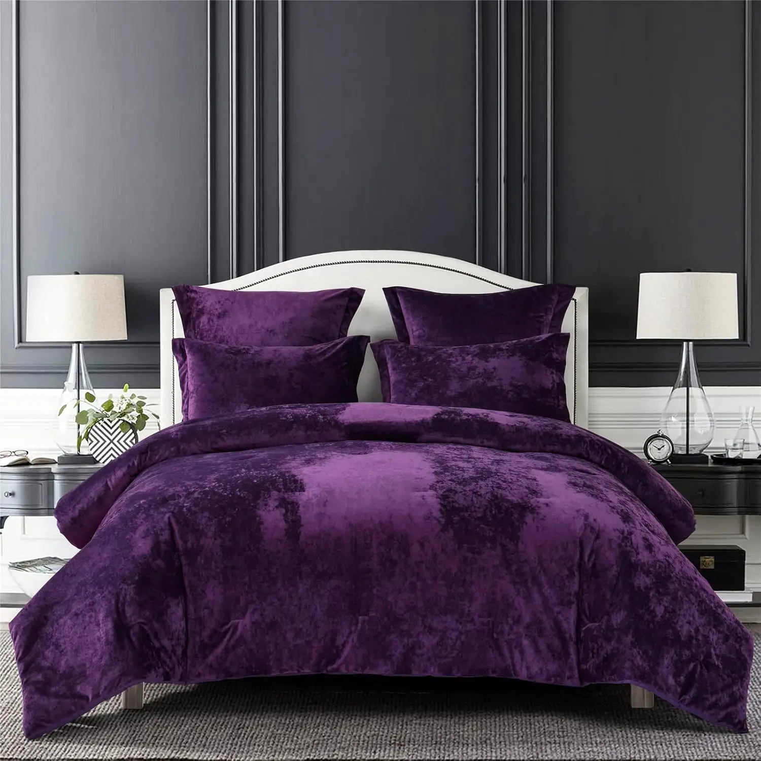 

Distressed Velvet Comforter Set, Purple King Size, 5-Piece with Microfiber Reverse and Lightweight Fill