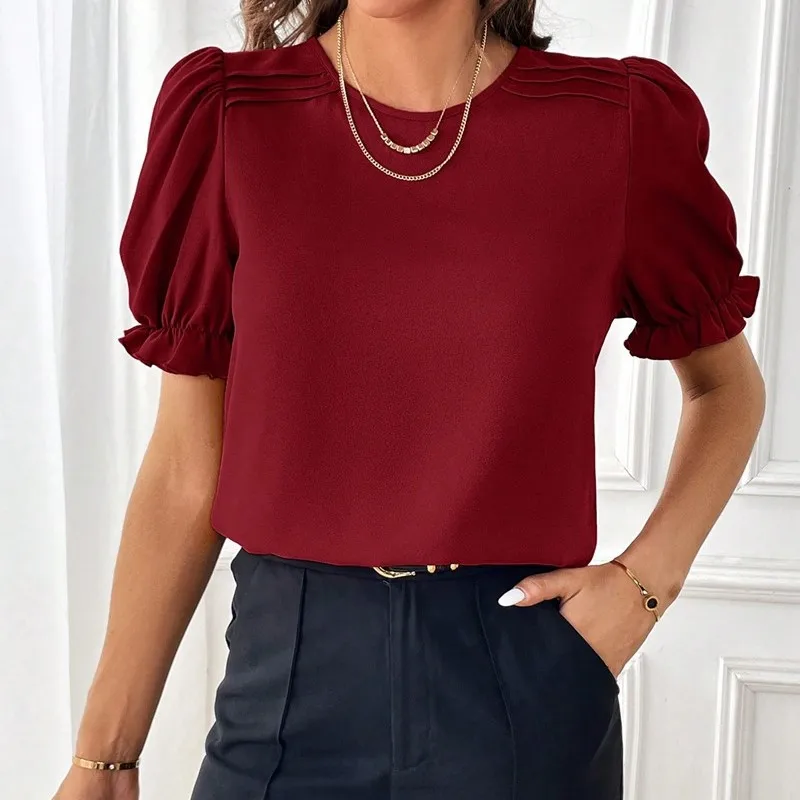 Women's Blouse 2024 Summer New Fashion Style Solid Color Round Neck Shirt Top Office Lady Elegant Bubble Sleeve Pullover Shirts