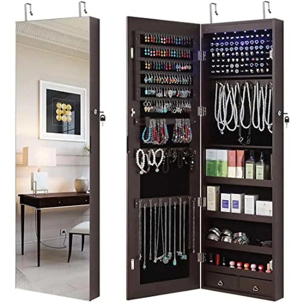 Wall Mounted LED Jewelry Armoire Organizer Storage Cabinet Over The Door Mirror 6 Lights Lockable Amply Space Brown-1 47"x14