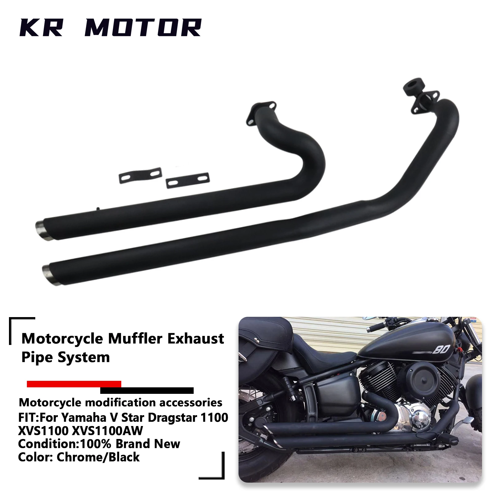 

Fit For Yamaha V Star Dragstar 1100 XVS1100 XVS1100AW Classic Motorcycle Exhaust Pipe Black Chrome Full Muffler System Exhaust