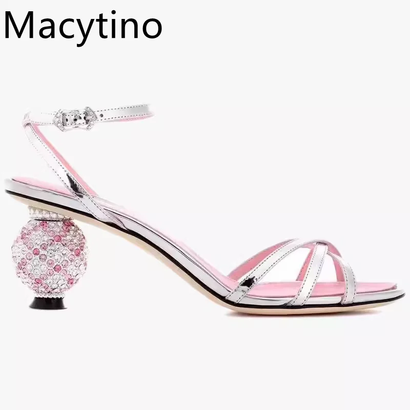 Summer New Crystal Pineapple Round Heel Strap Buckle High Heeled Sandals Rhinestone Princess Shoes women's