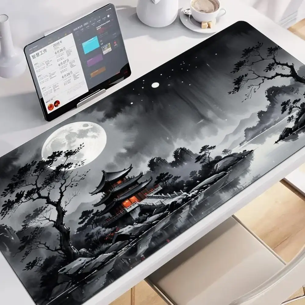 Large Gaming Mouse Pad Desk Mat Keyboard Pad Dark Full Moon Mountain River Valley Night Scenery Monochrome Non Slip Rubber Base