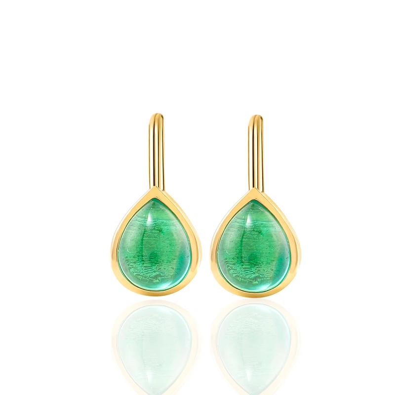 

Provence 10K Yellow Gold Bezel Earrings With 8*10mm Lab Cabochon Emerald For Lady‘s Jewelry Attractive Drop Earring Elegant