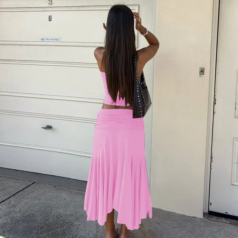 Simple Casual Solid Color Female Outfit Sexy Skew Collar Sling Top & Pleated Maxi Skirts Set Summer One Shoulder Sleeveless Suit