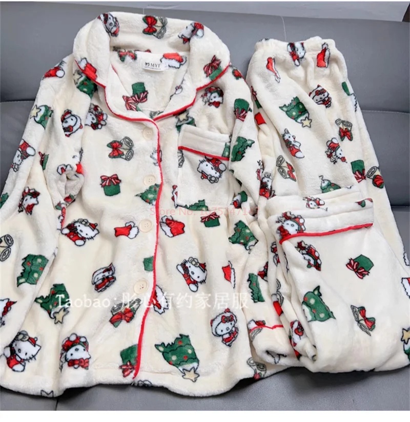 Sanrio Cartoon Pajama Pants Merry Christmas Kitty Flannel Pajama Pants Casual Christmas Day Gifts Home Pants Trousers New Hot