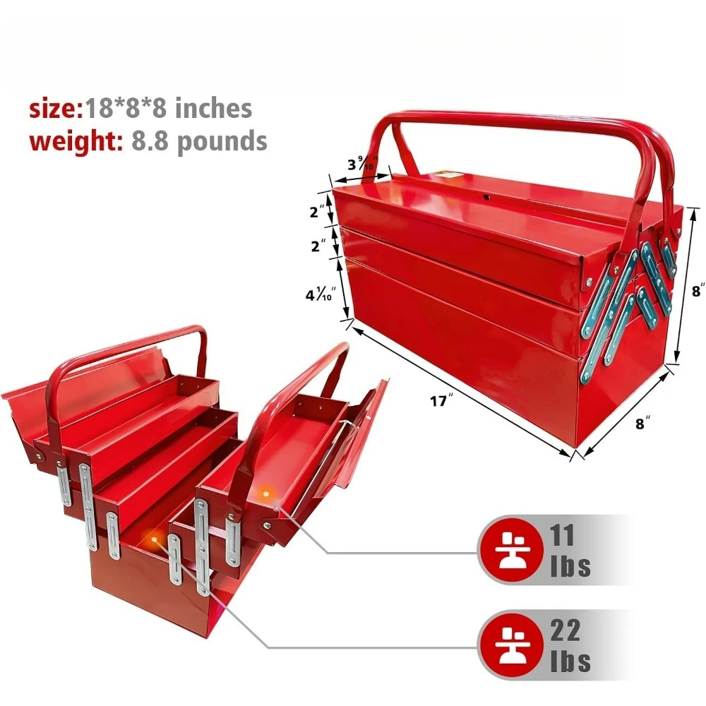 18-inch metal cantilever toolbox, three-layer five-compartment portable folding tool box organizer, suitable for home workshops