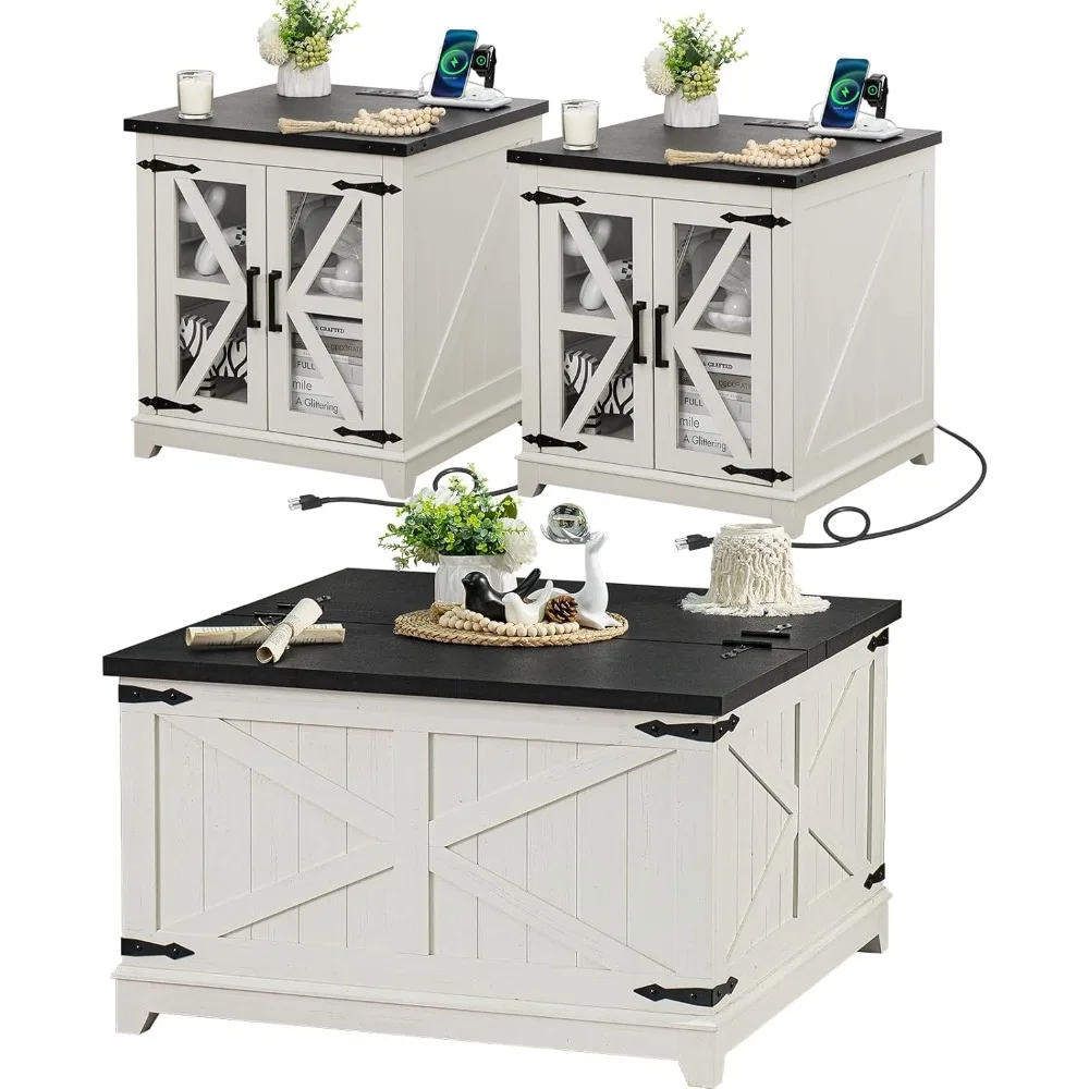 

3-piece farmhouse coffee table set with large side tables and storage-integrated coffee table