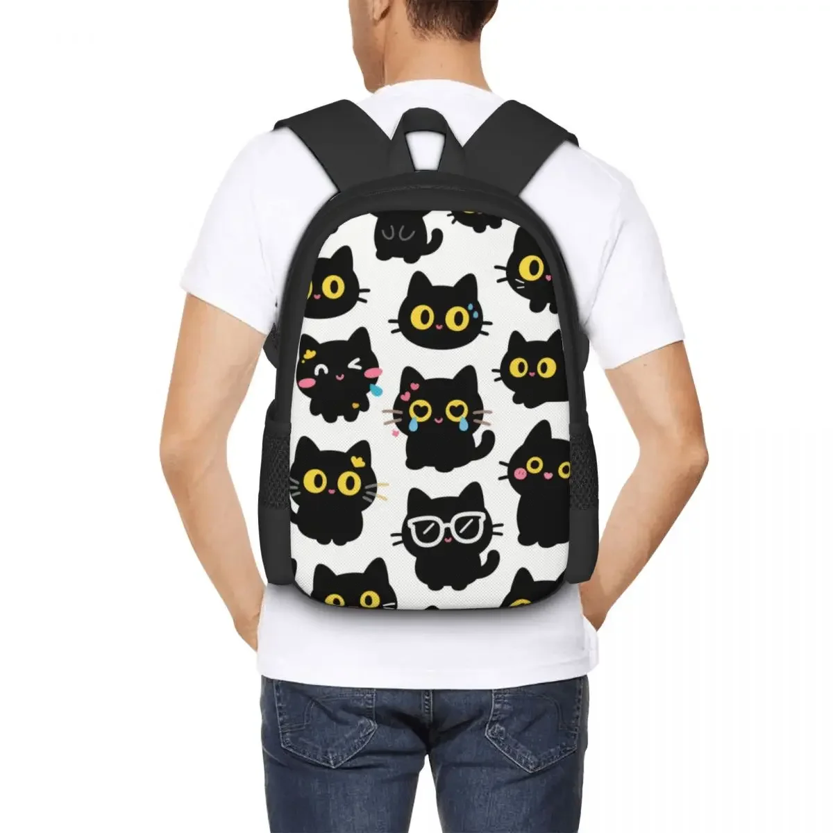 Behavior of black cat boys and girls, children's backpacks, laptops, shoulder bags