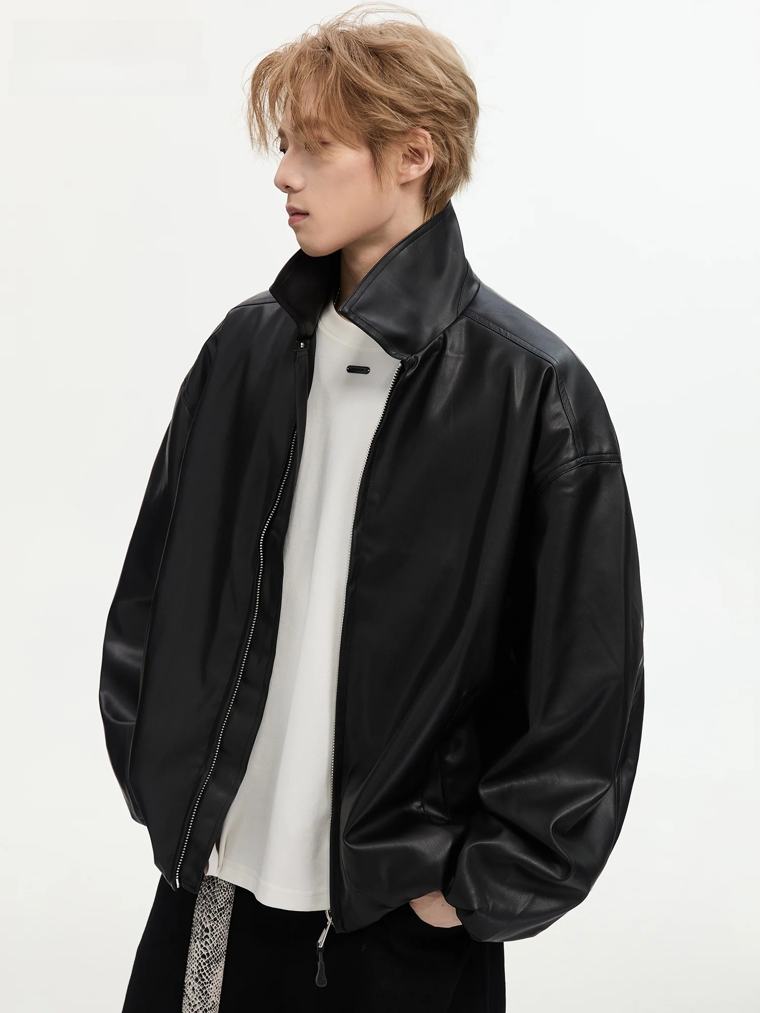 

Mark Fairwe Trendy American Sle Leather Jaet for Men Loose Fit Bla Spring Autumn High Street Cleanfit Collar Coat