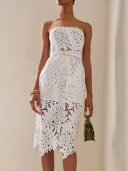 Women Celebrity Sexy Strapless Backless Lace White Midi Bodycon Bandage Dress Evening Stage Performance Dress Vestido