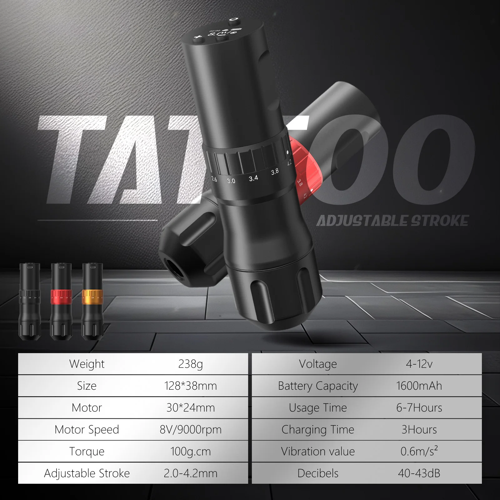 T-Rex wireless tattoo machine, rotary tattoo pen can be adjusted to 7 lengths of 2.0-4.2 mm, suitable for all kinds of tattoos