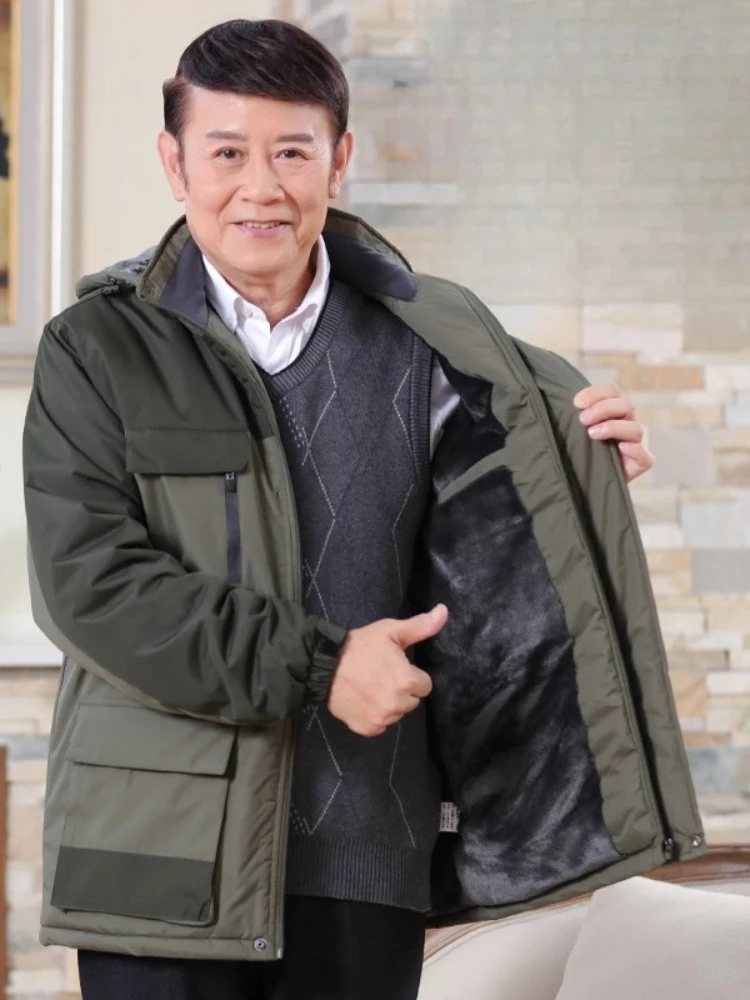 الرجال في منتصف العمر الشتاء سميكة الصوف القطن معطف يندبروف في الهواء الطلق التباين مقنعين سترات فائدة متعددة جيب سترات دافئة